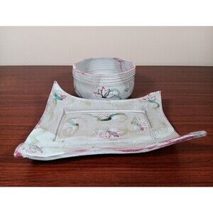 Vintage Lucy Johnson Handmade Bowl And Tray Gray Pink Green Floral Signed EUC